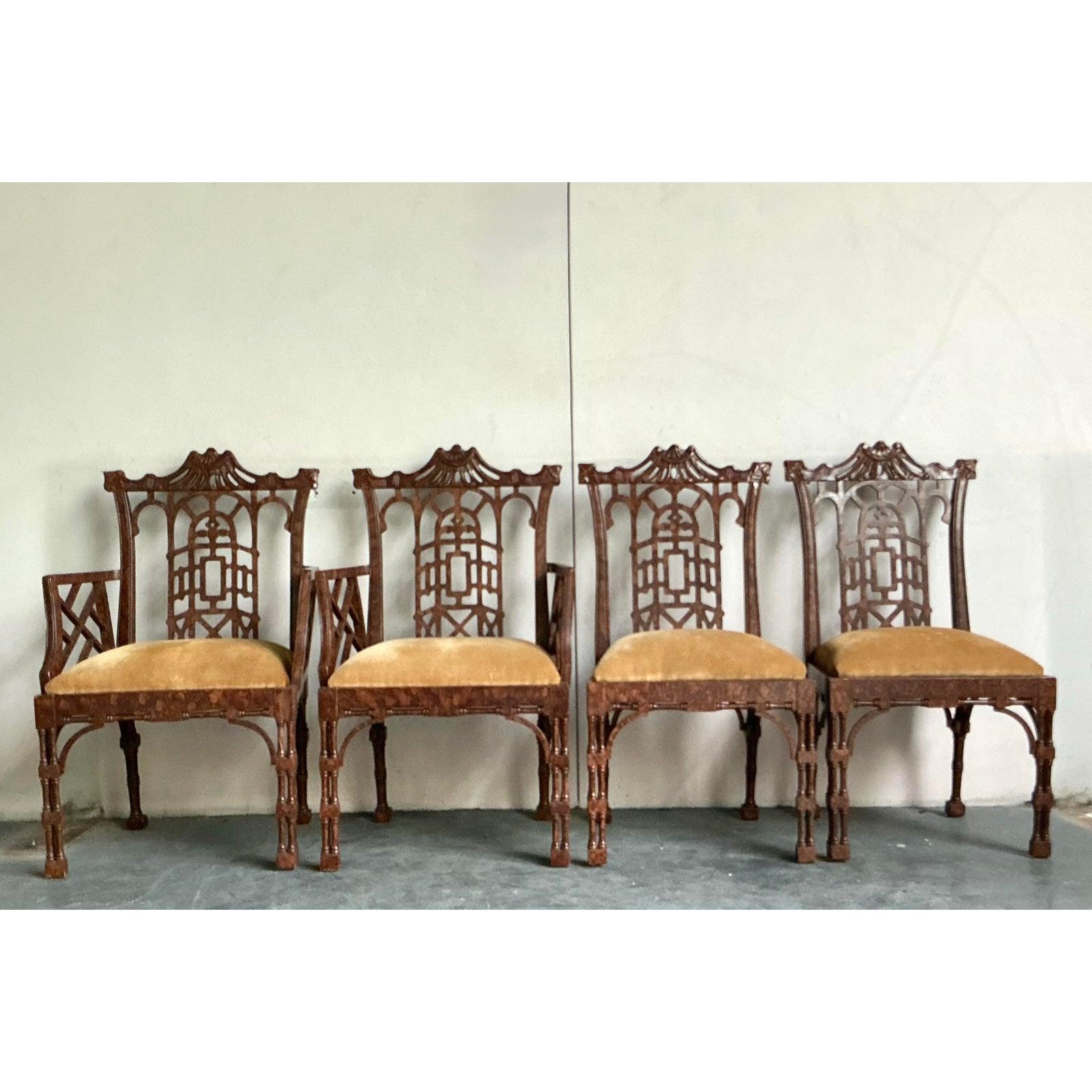 Late 20th Century Vintage Regency Faux Finished Fretwork Pagoda Dining Chairs - Set of 4 - Side view