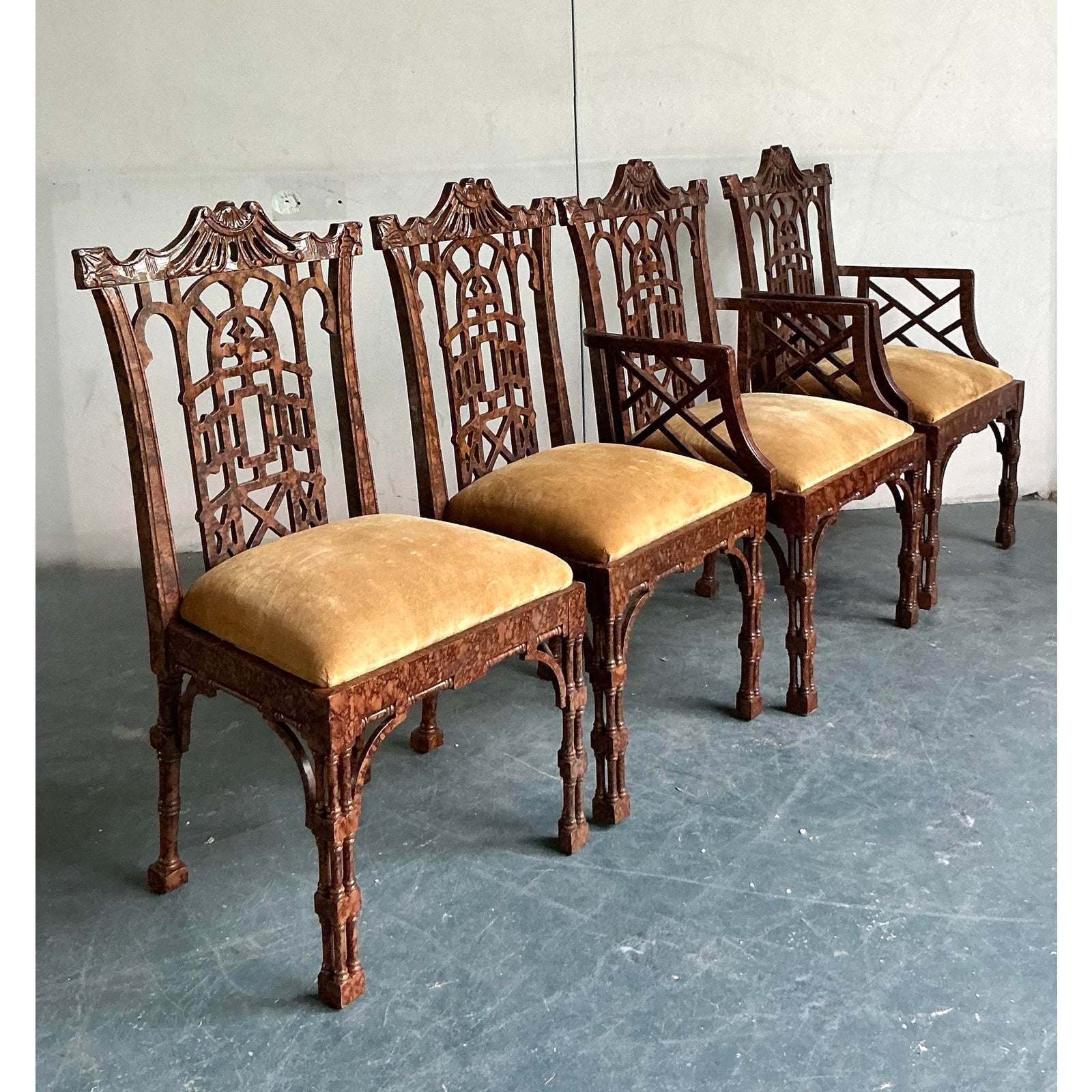 Late 20th Century Vintage Regency Faux Finished Fretwork Pagoda Dining Chairs - Set of 4 - Back view