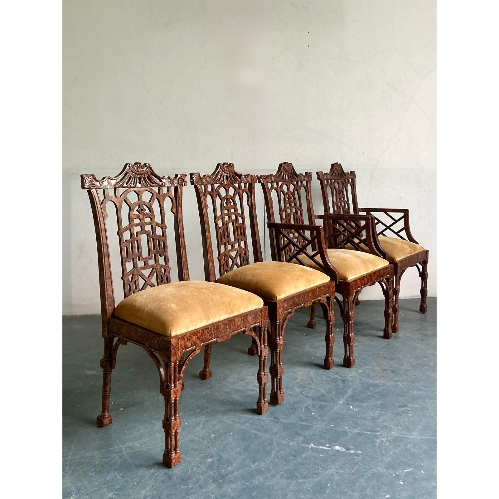 Late 20th Century Vintage Regency Faux Finished Fretwork Pagoda Dining Chairs - Set of 4 - Top view