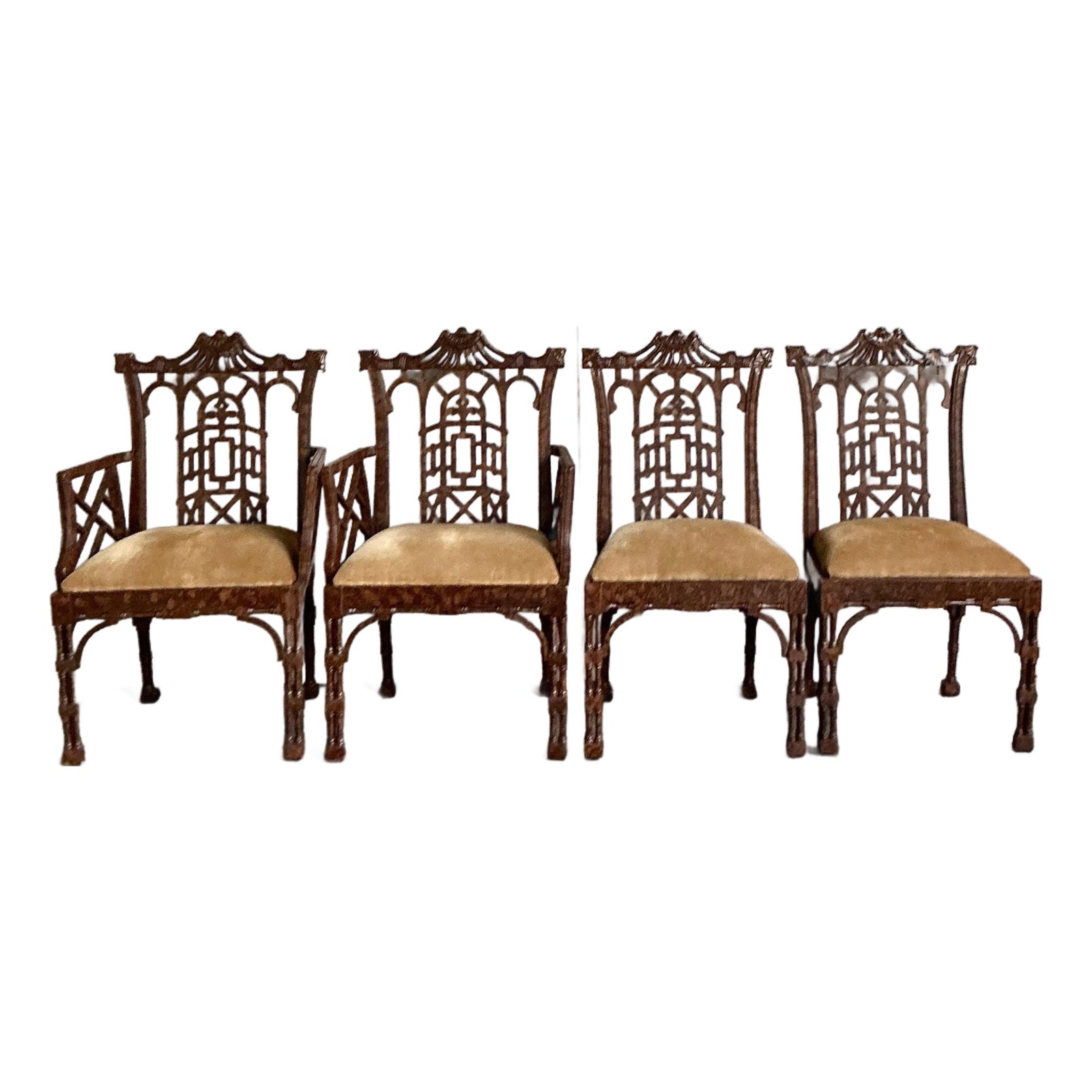 Late 20th Century Vintage Regency Faux Finished Fretwork Pagoda Dining Chairs - Set of 4