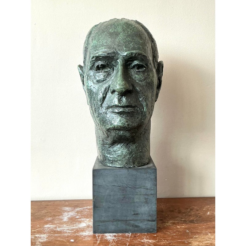 Mid 20th Century Vintage Boho Patinated Cast Plaster Bust of Man - Detail view