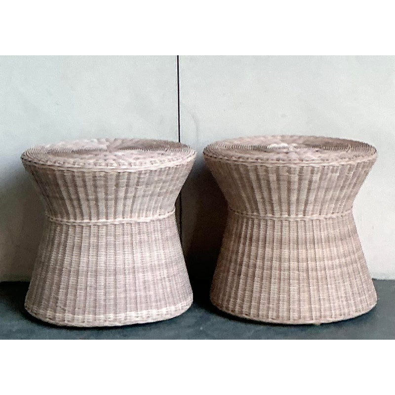 Vintage Coastal Pale Pink Woven Rattan Side Tables - A Pair - Detail view