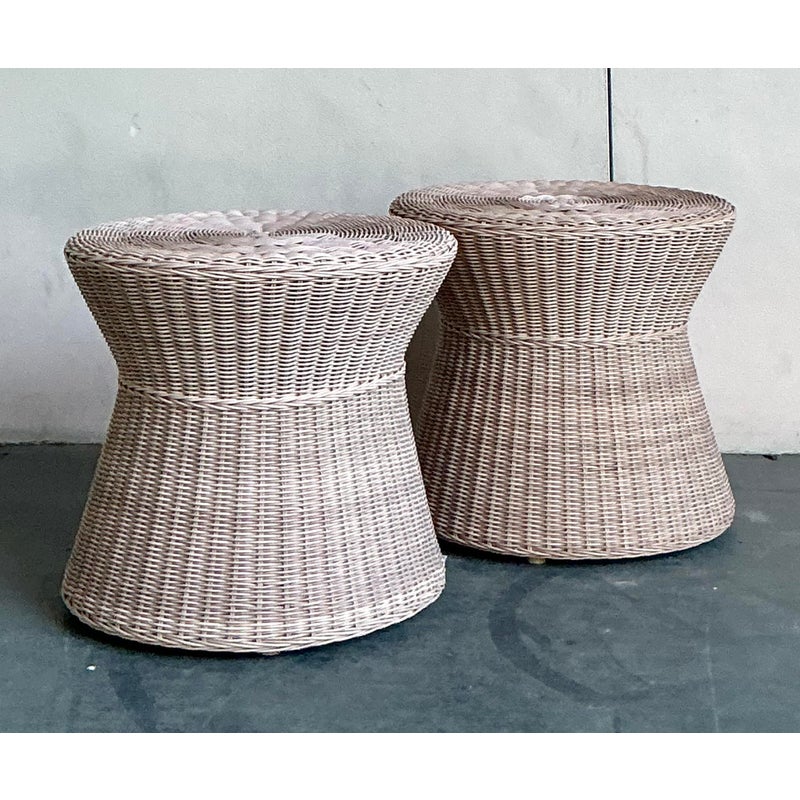 Vintage Coastal Pale Pink Woven Rattan Side Tables - A Pair - Side view