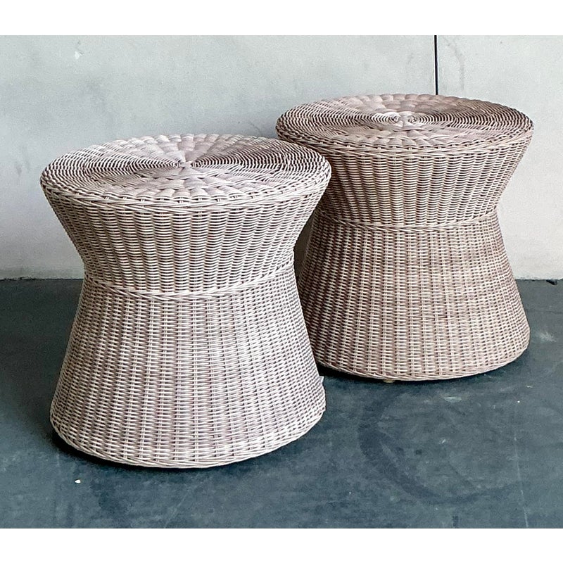 Vintage Coastal Pale Pink Woven Rattan Side Tables - A Pair - Back view