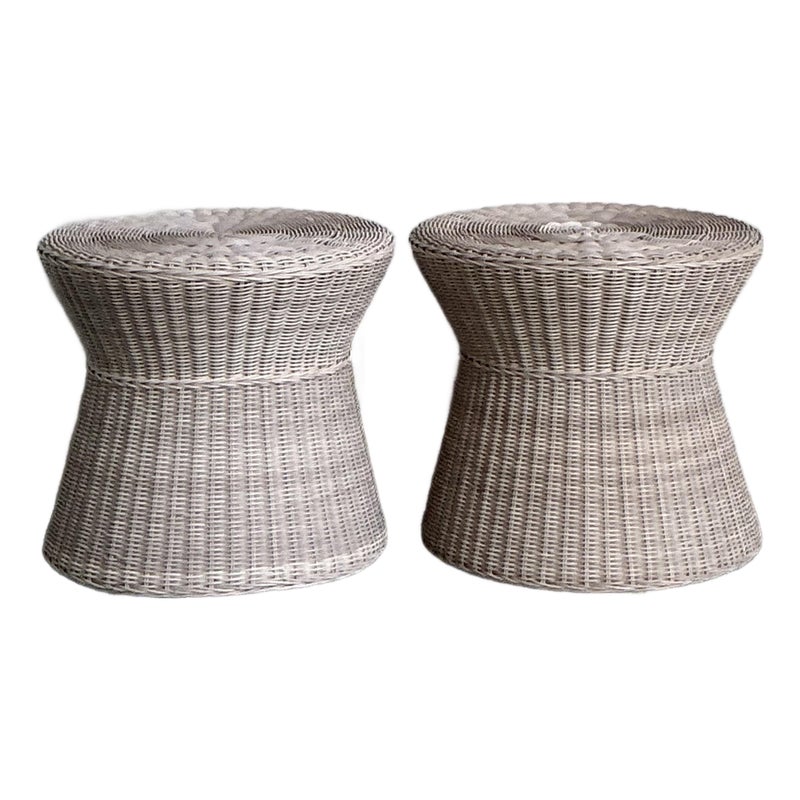 Vintage Coastal Pale Pink Woven Rattan Side Tables - A Pair