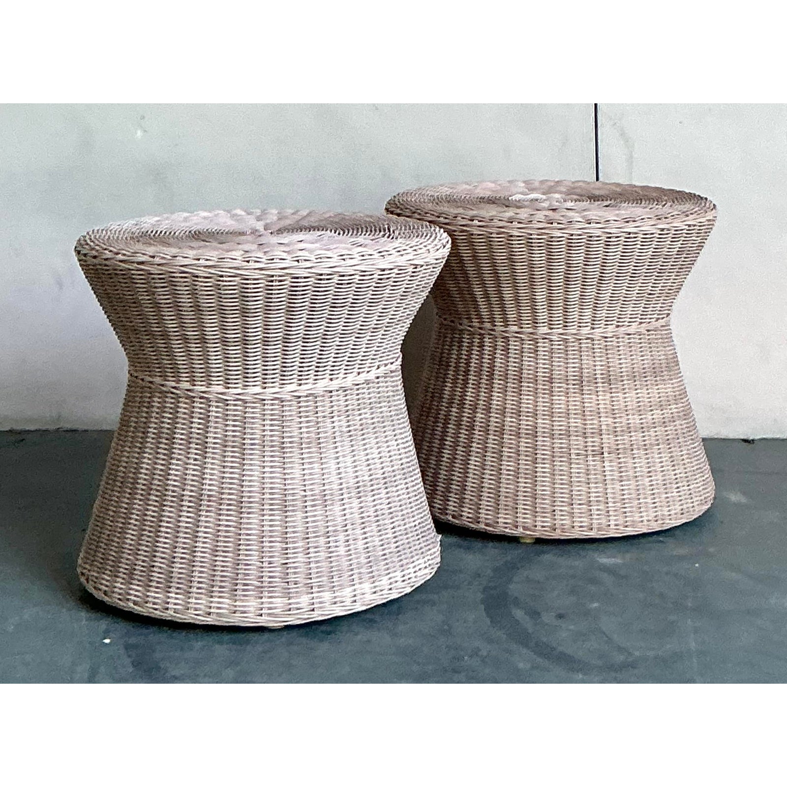 Vintage Coastal Pale Pink Woven Rattan Side Tables - A Pair - Top view