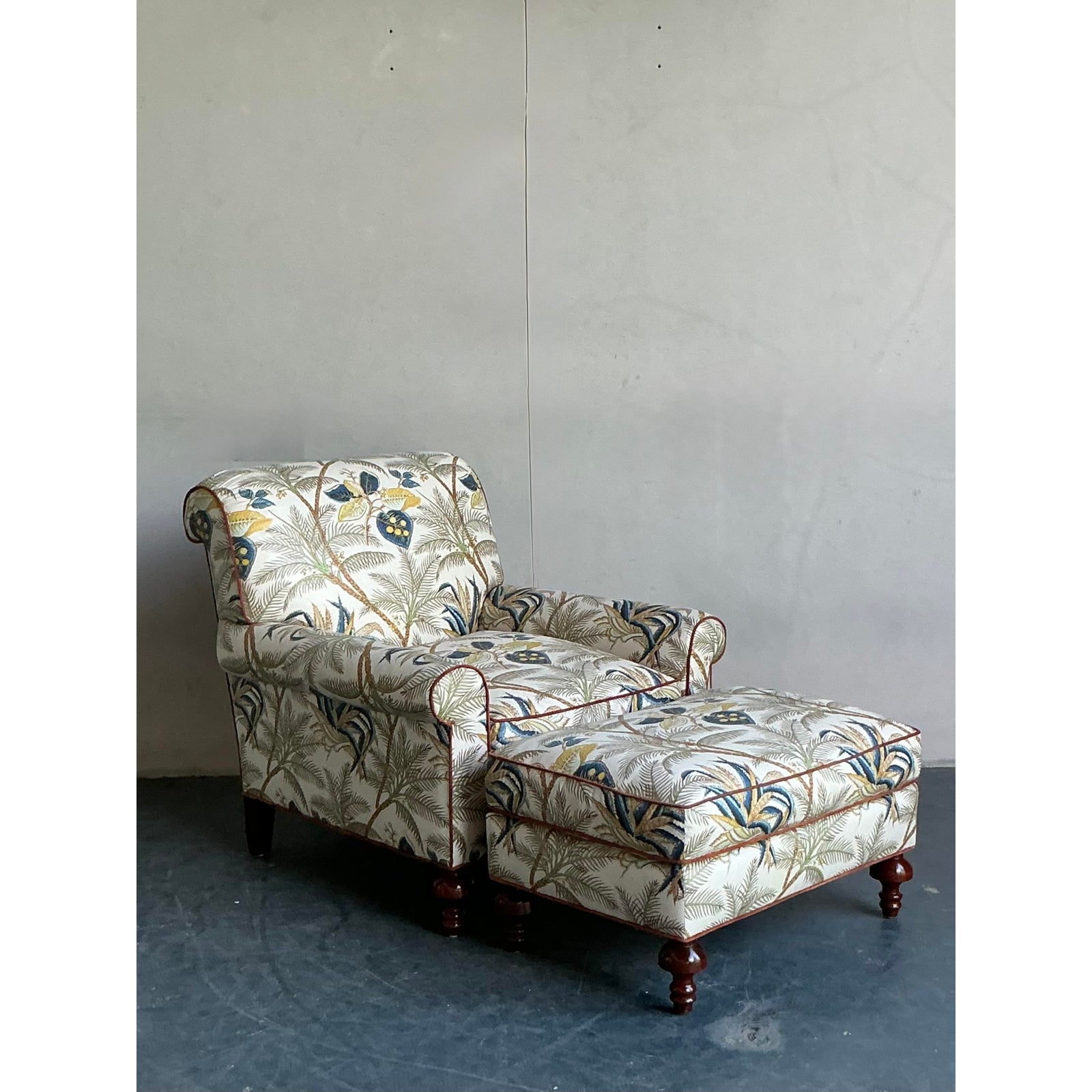 Vintage Boho Palm Tree Lounge Chair and Ottoman - Side view