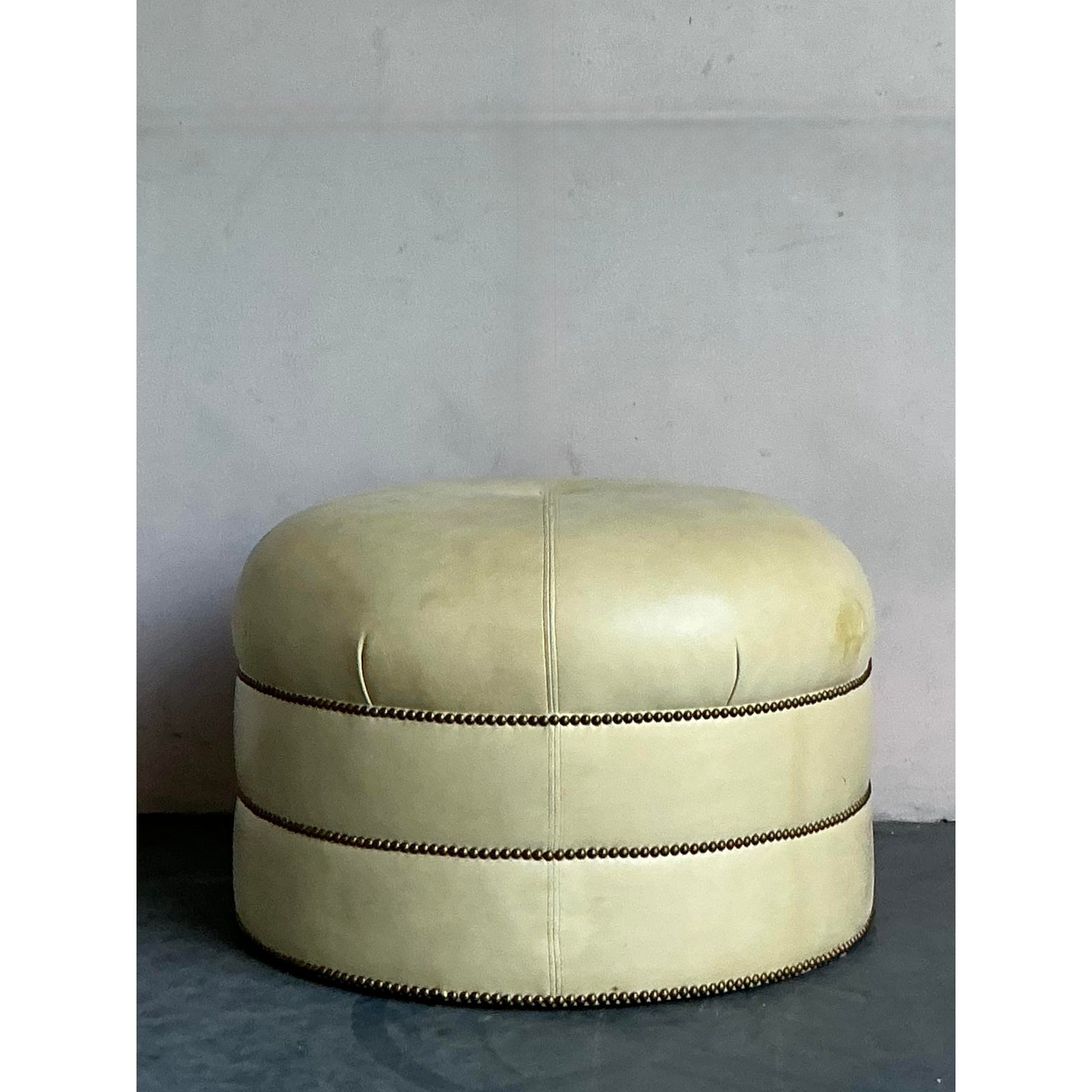 Vintage Regency Tufted Leather Ottoman - Side view