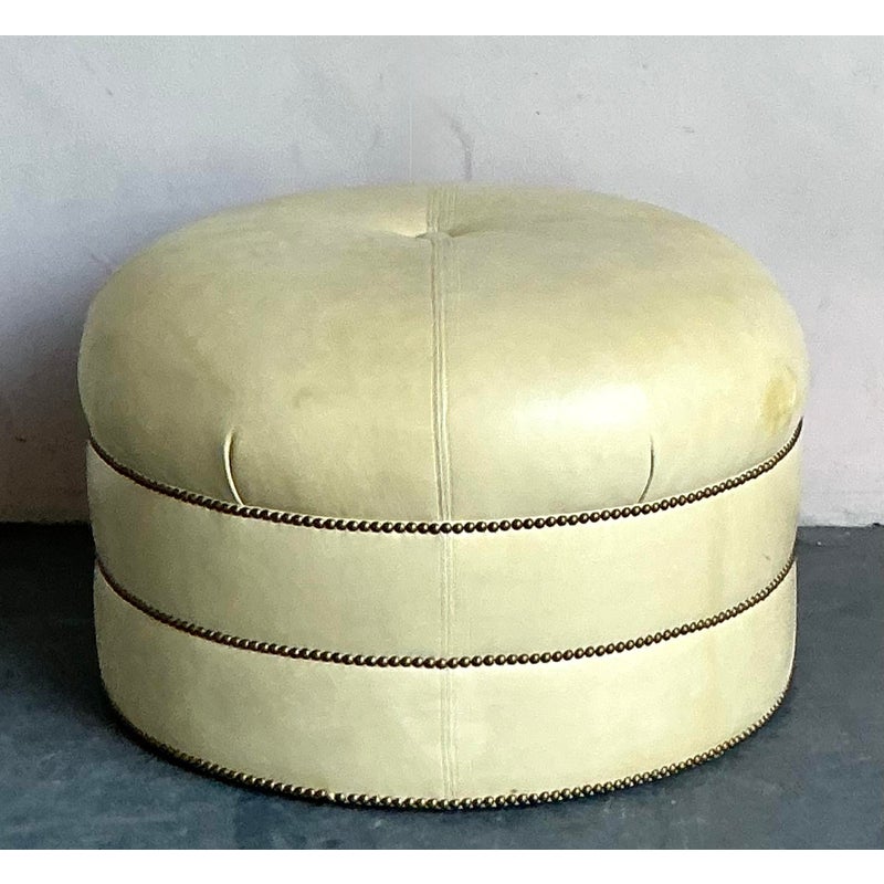 Vintage Regency Tufted Leather Ottoman - Detail view
