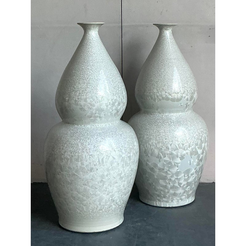 Vintage Regency Monumental Crystal Glazed Ceramic Gourd Floor Vase - A Pair - Side view