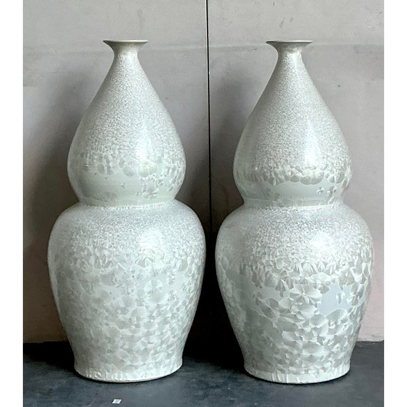 Vintage Regency Monumental Crystal Glazed Ceramic Gourd Floor Vase - A Pair - Detail view