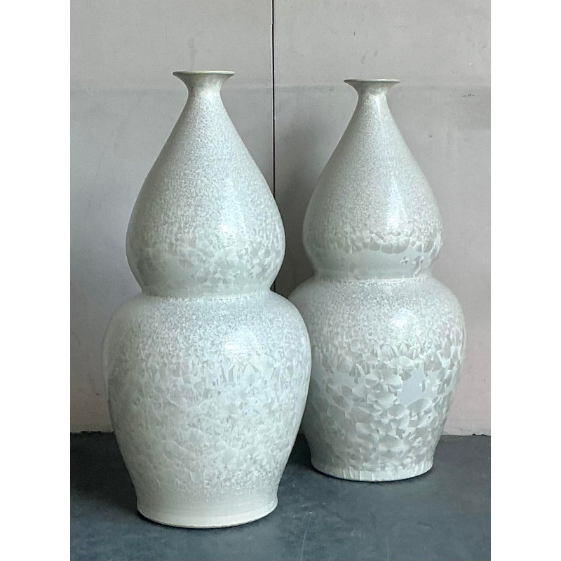 Vintage Regency Monumental Crystal Glazed Ceramic Gourd Floor Vase - A Pair - Back view