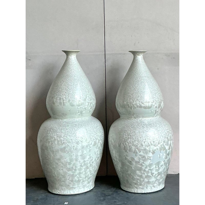Vintage Regency Monumental Crystal Glazed Ceramic Gourd Floor Vase - A Pair - Top view