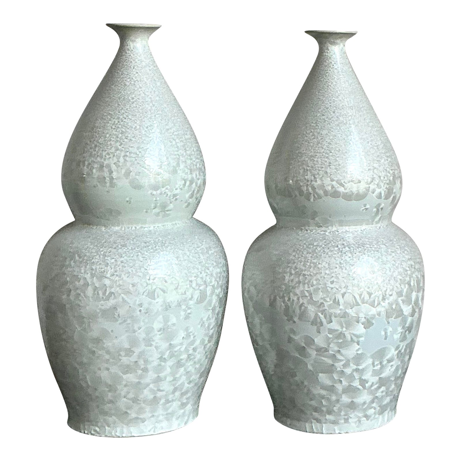 Vintage Regency Monumental Crystal Glazed Ceramic Gourd Floor Vase - A Pair