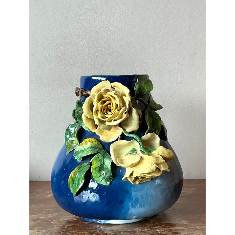 Vintage Regency French Majolica Roses Vase - Side view
