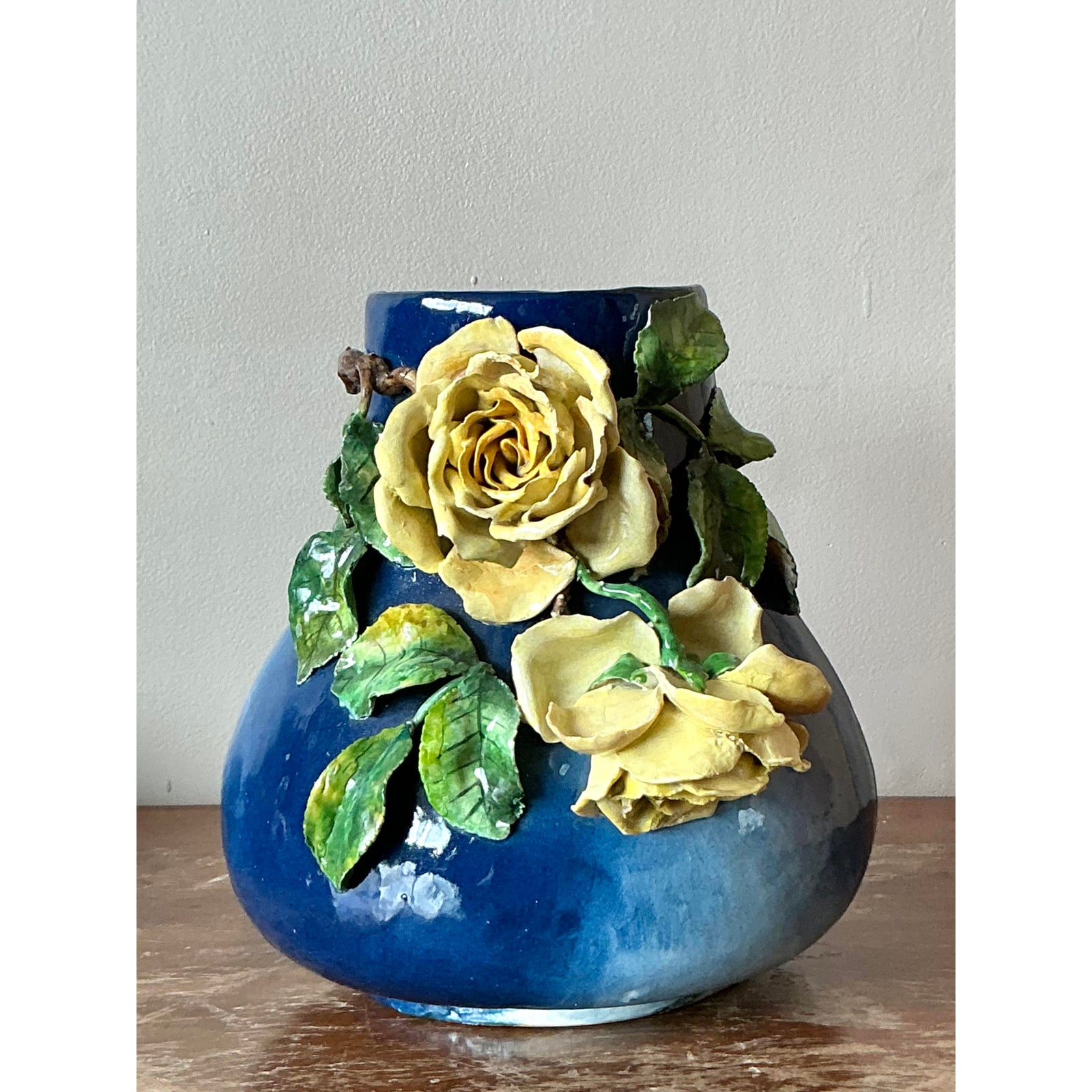 Vintage Regency French Majolica Roses Vase - Top view