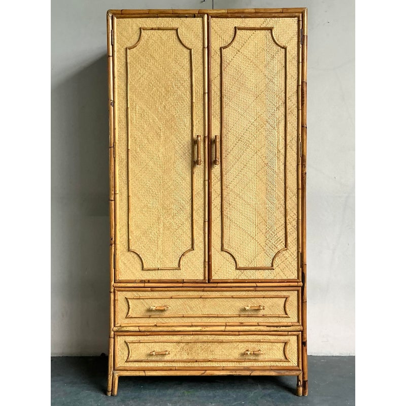 Vintage Coastal Woven Rattan Armoire - Back view