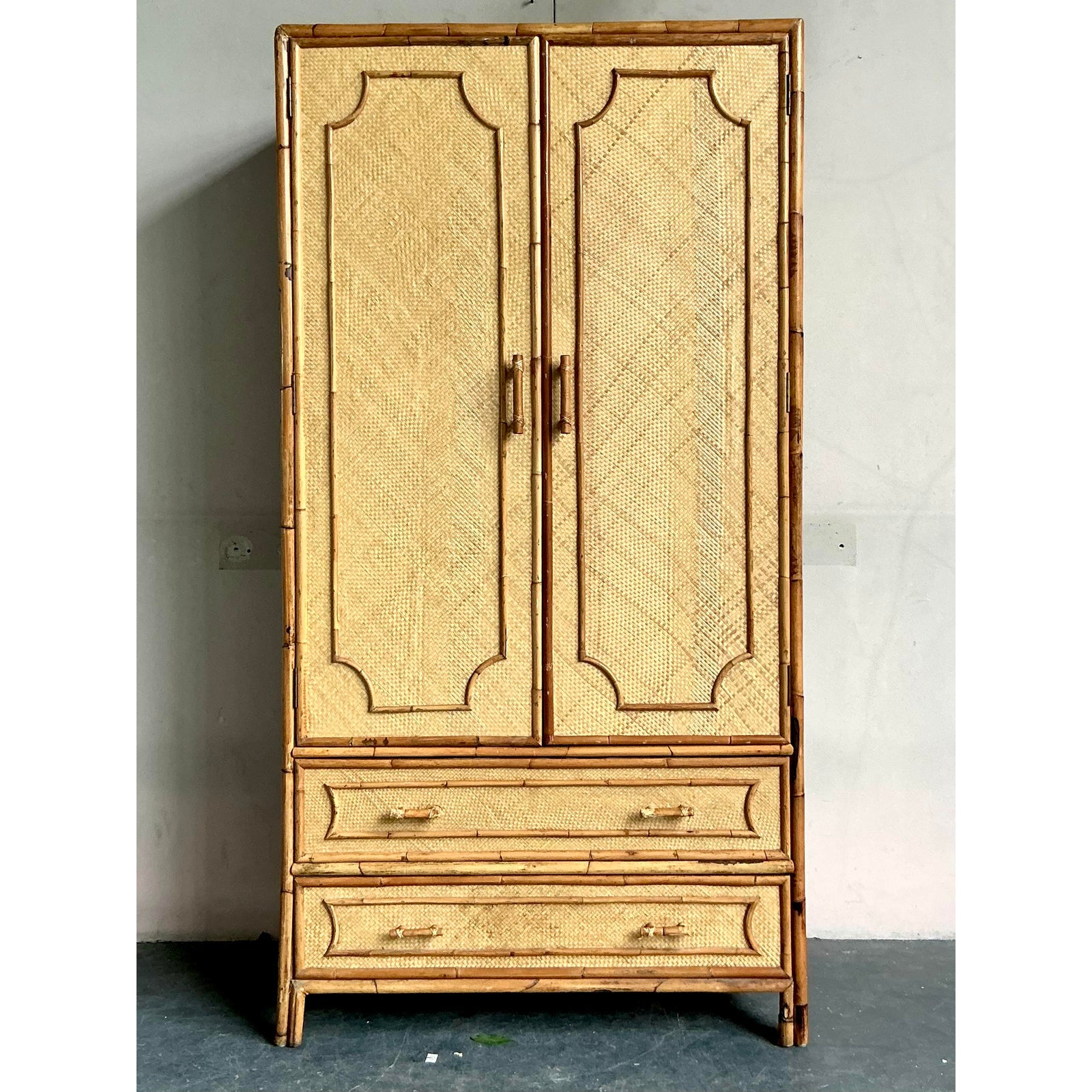 Vintage Coastal Woven Rattan Armoire - Side view