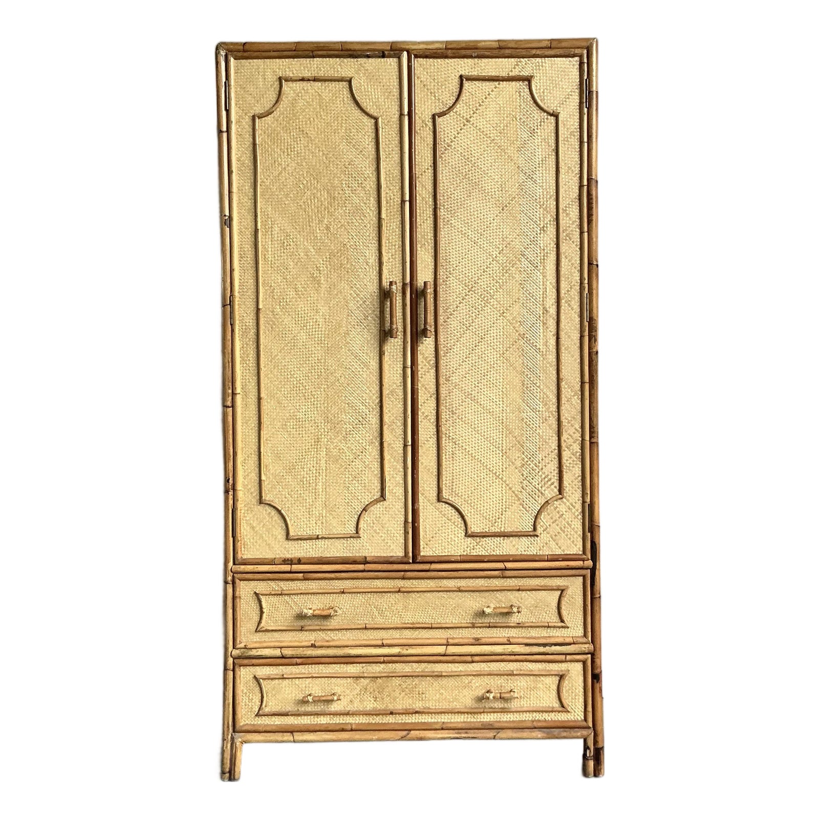 Vintage Coastal Woven Rattan Armoire