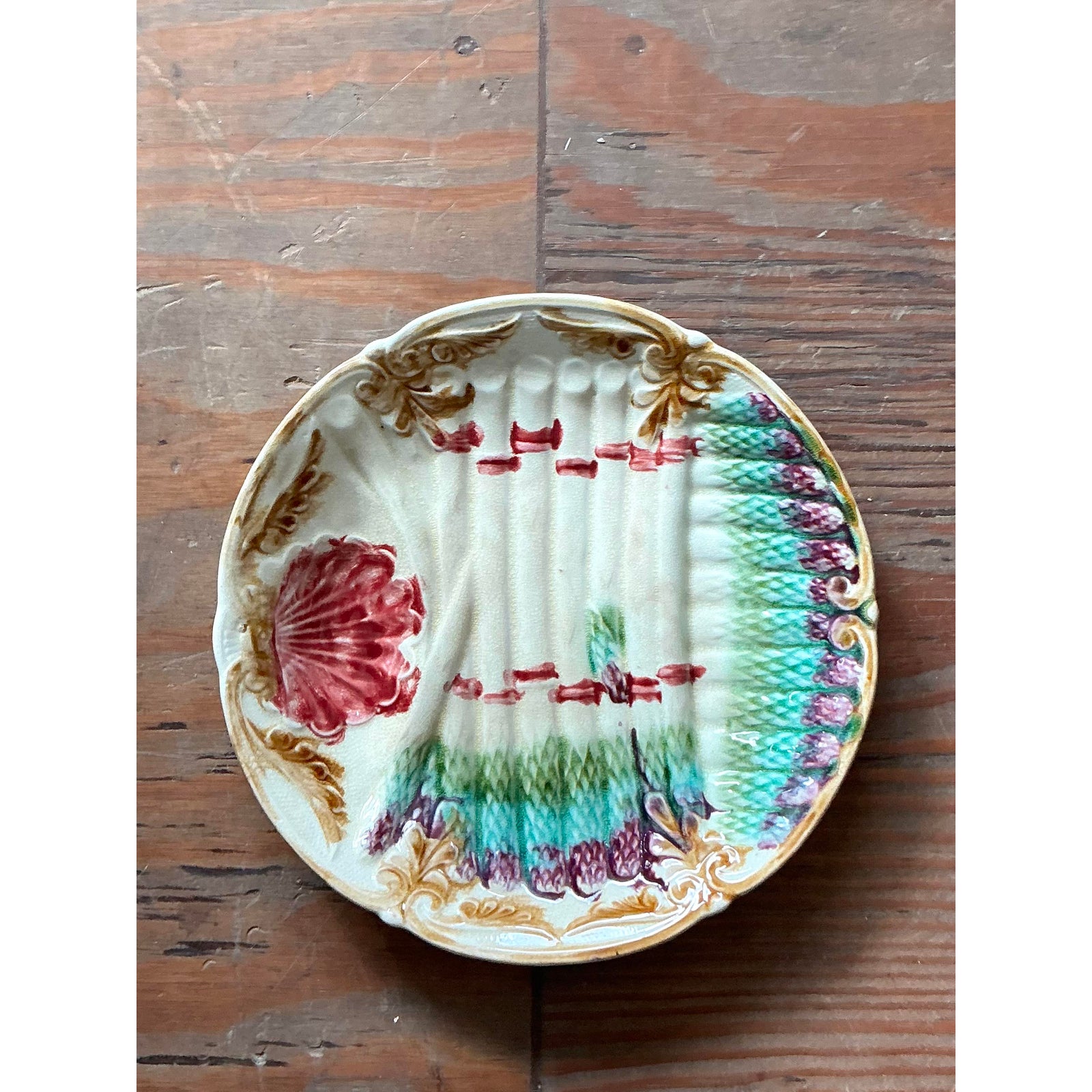 Vintage Regency French Majolica Asparagus Ceramic Plate - Back view