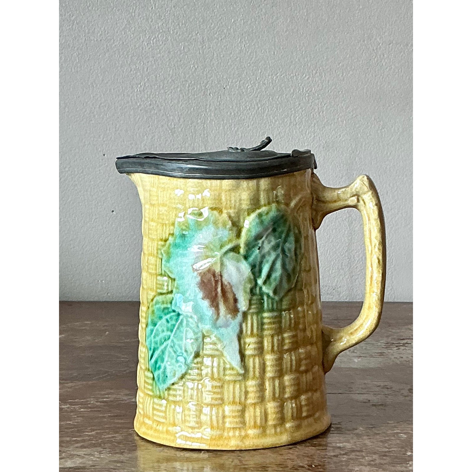 Vintage Majolica Lidded Ceramic Pitcher - Detail view
