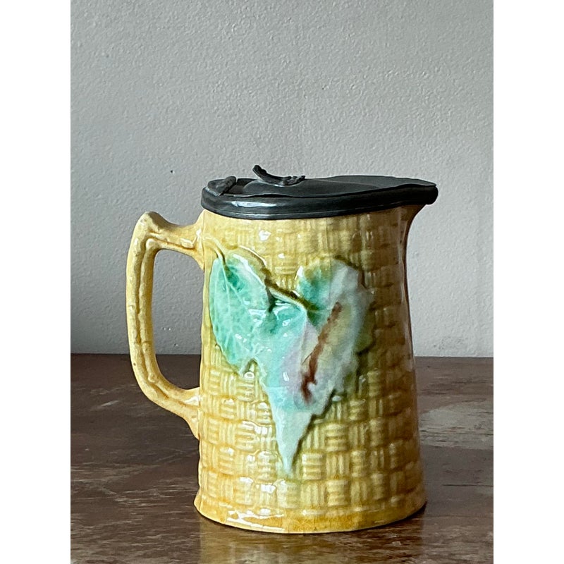 Vintage Majolica Lidded Ceramic Pitcher - Side view