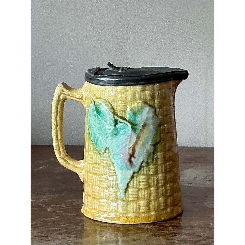 Vintage Majolica Lidded Ceramic Pitcher - Back view