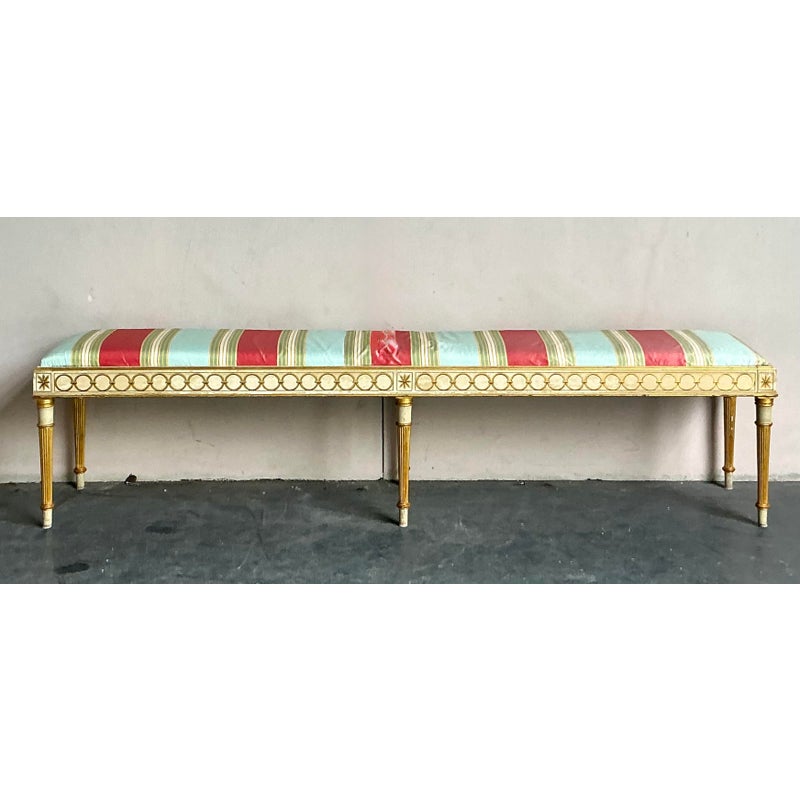 Vintage Neoclassical Striped Satin Bench - Detail view