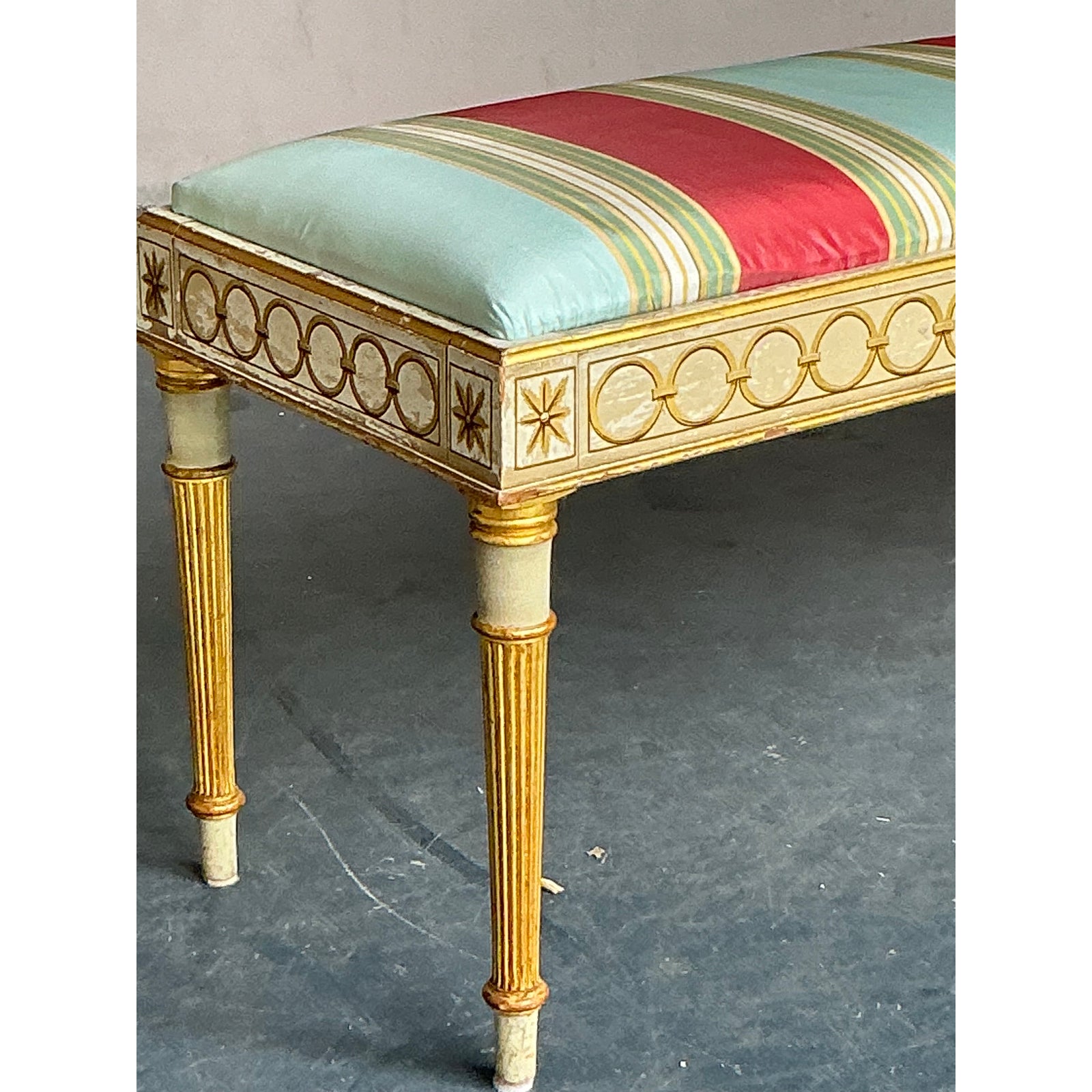Vintage Neoclassical Striped Satin Bench - Side view