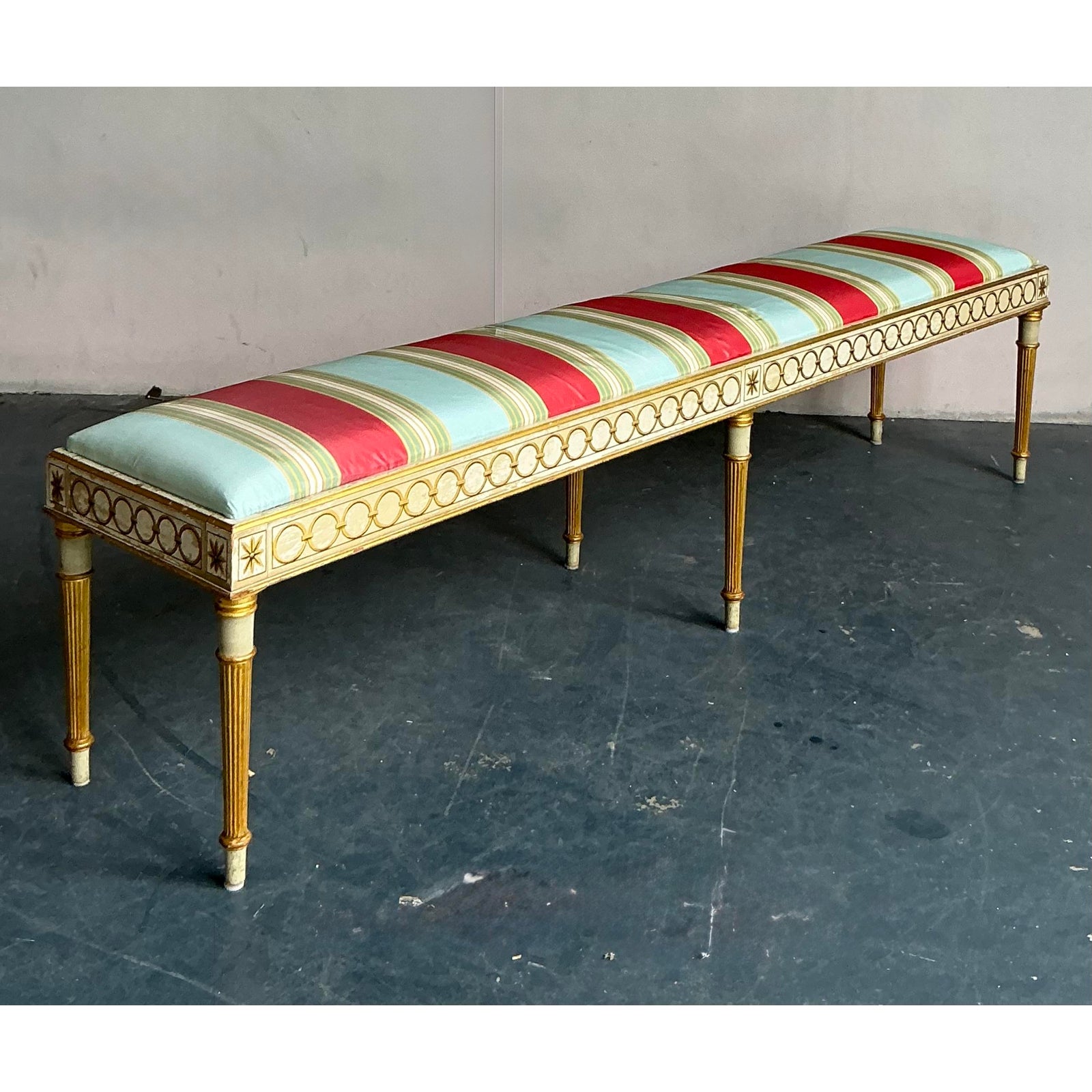 Vintage Neoclassical Striped Satin Bench - Back view