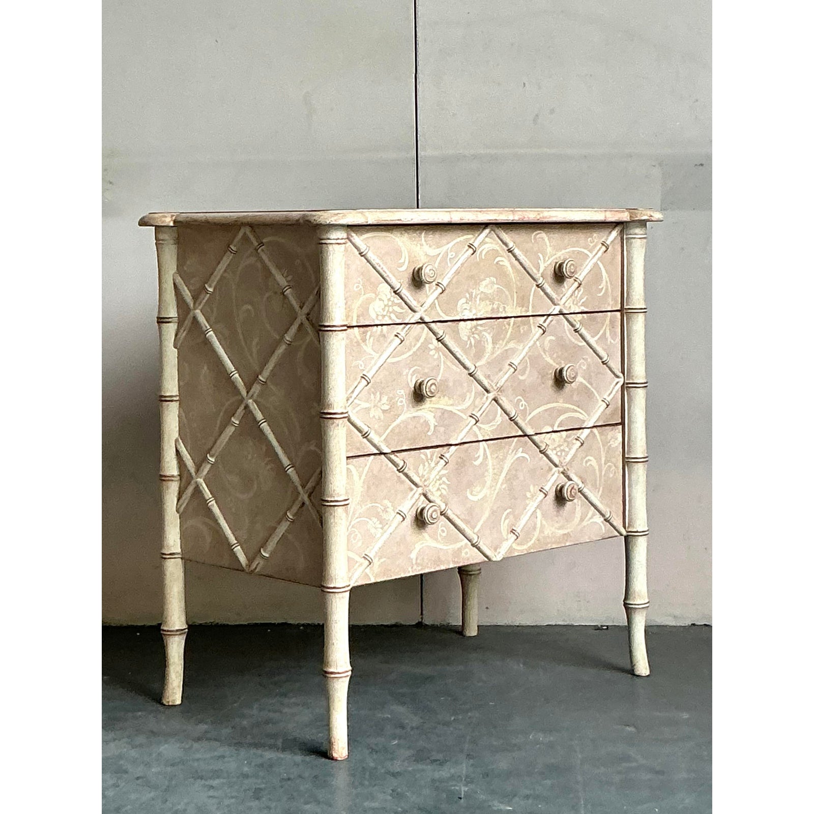 Vintage Italian Patina Hand Painted Trellis Chest of Drawers - Side view