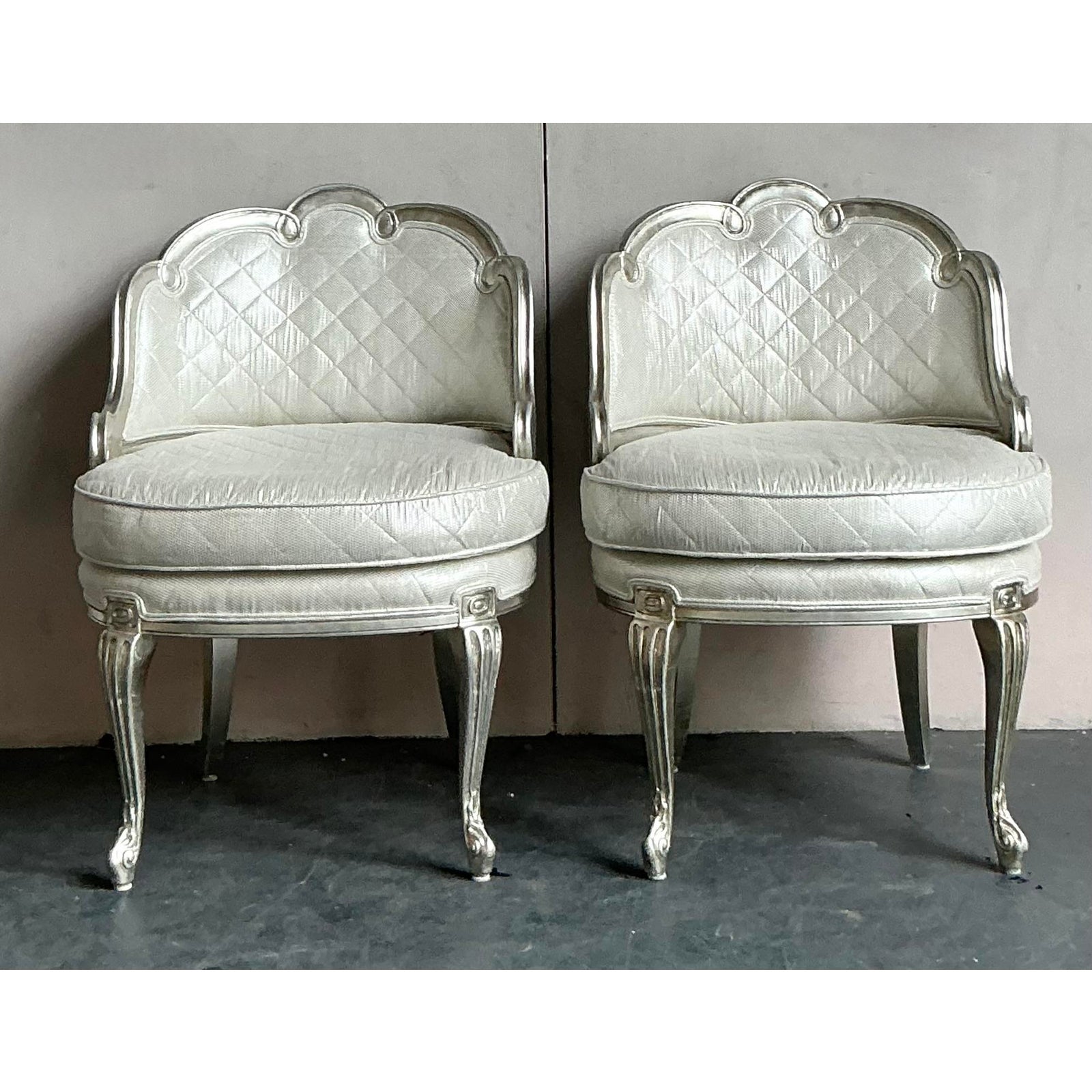 Vintage Regency Baroque Quilted Silver Leaf Lounge Chairs - A Pair - Detail view