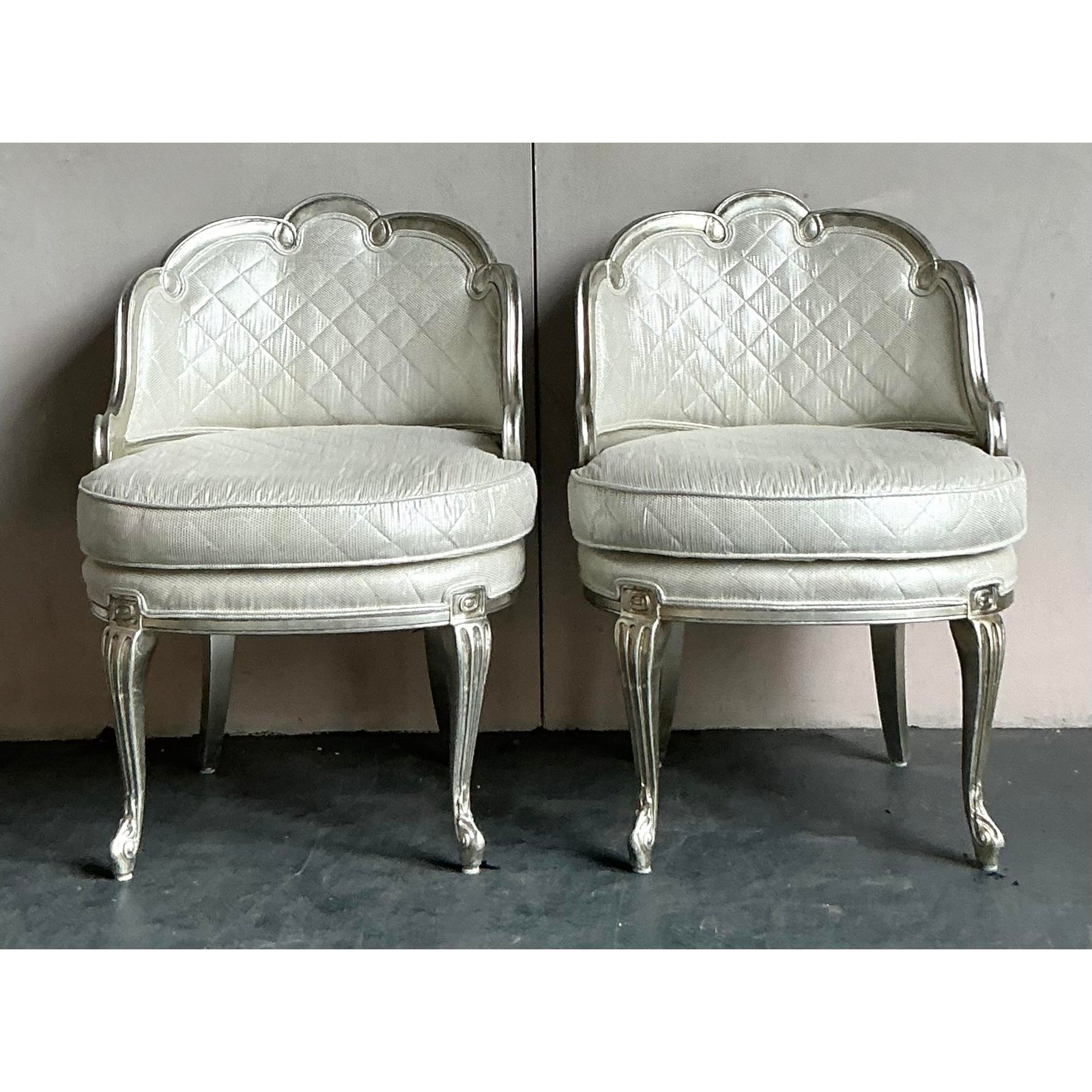 Vintage Regency Baroque Quilted Silver Leaf Lounge Chairs - A Pair - Side view