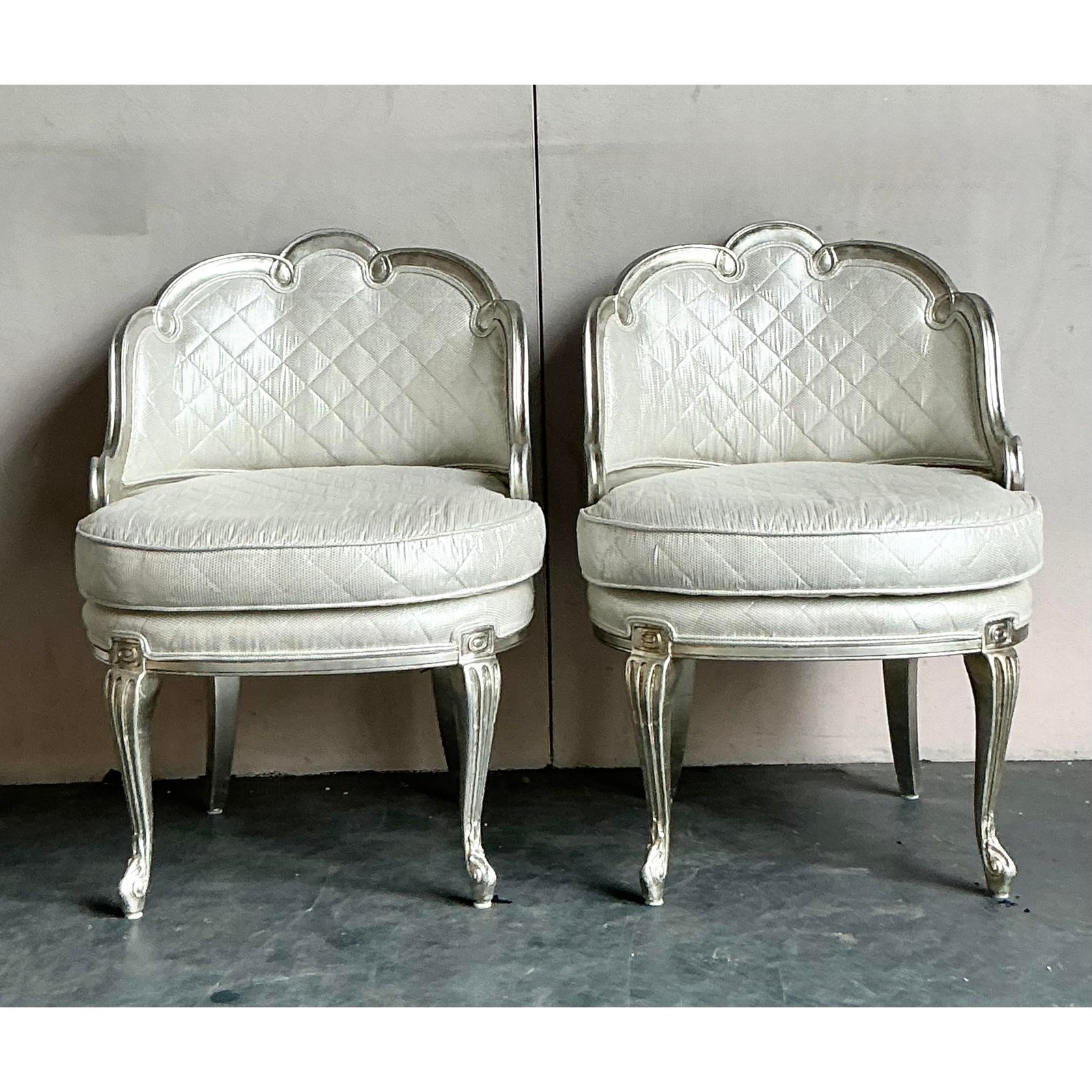 Vintage Regency Baroque Quilted Silver Leaf Lounge Chairs - A Pair - Back view