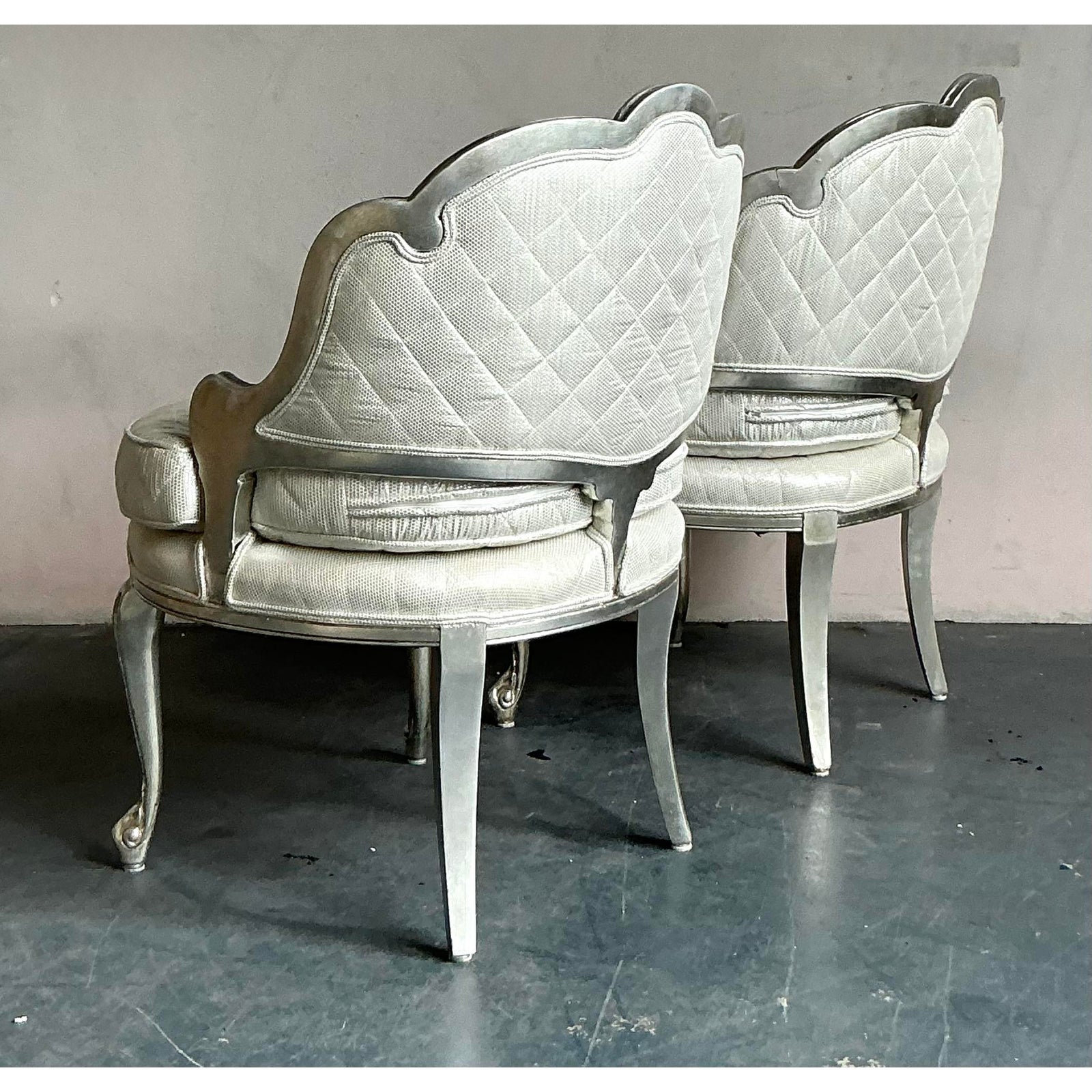 Vintage Regency Baroque Quilted Silver Leaf Lounge Chairs - A Pair - Top view