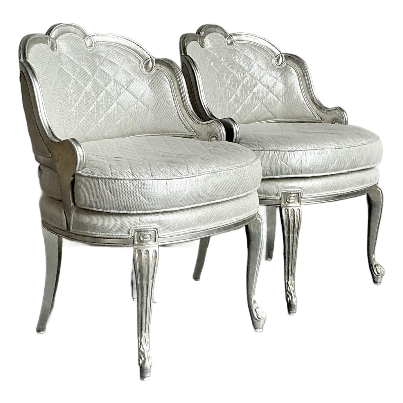 Vintage Regency Baroque Quilted Silver Leaf Lounge Chairs - A Pair