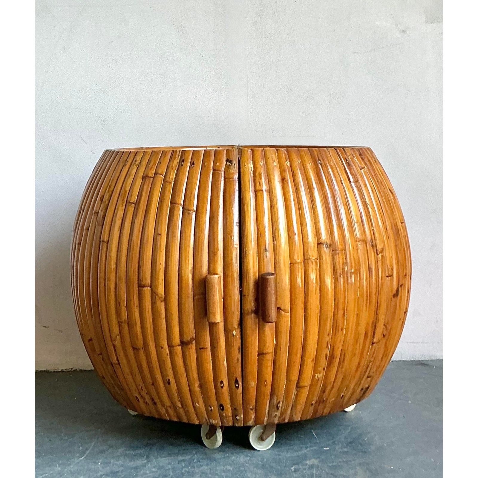 Vintage Boho Bent Rattan Rolling Dry Bar - Detail view