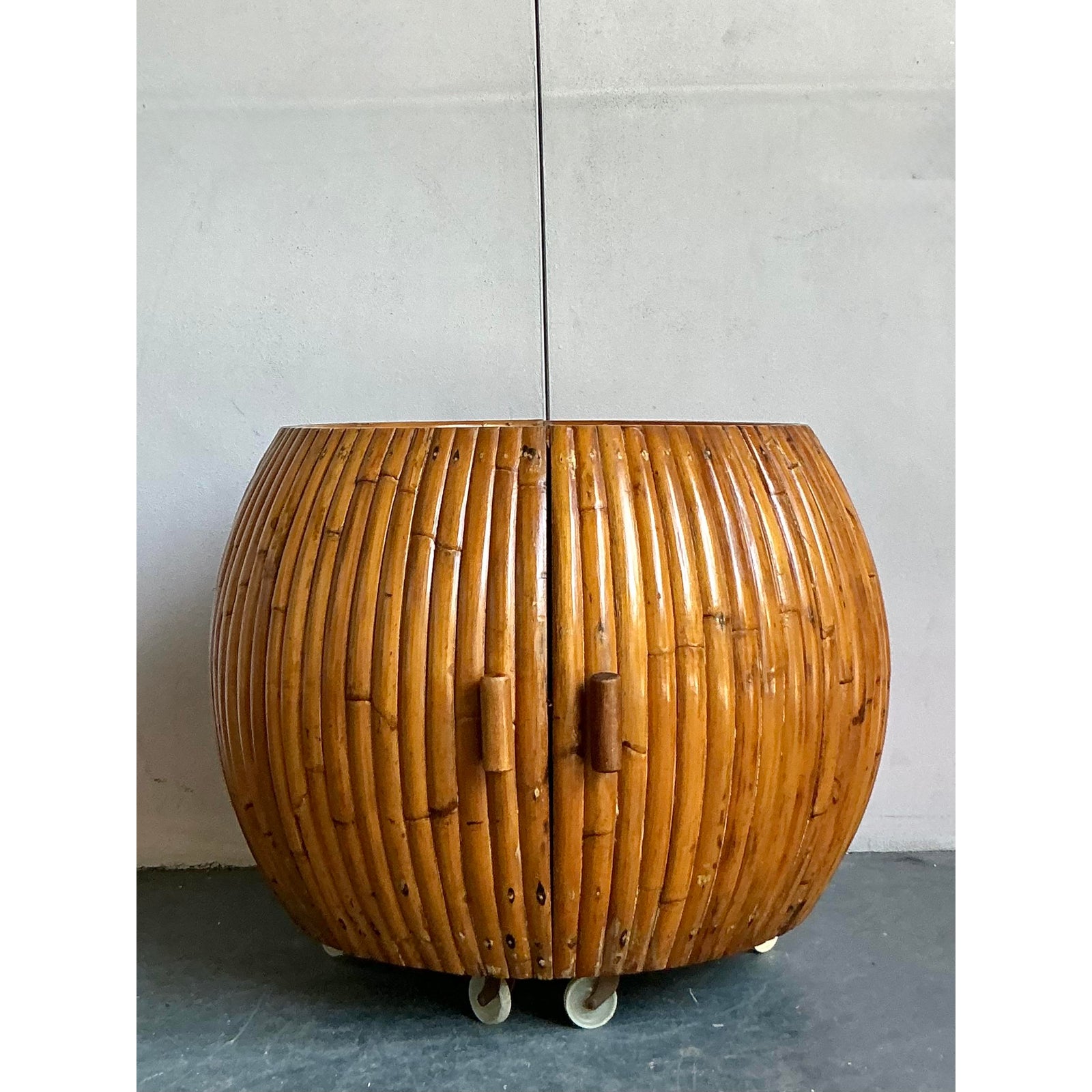 Vintage Boho Bent Rattan Rolling Dry Bar - Side view
