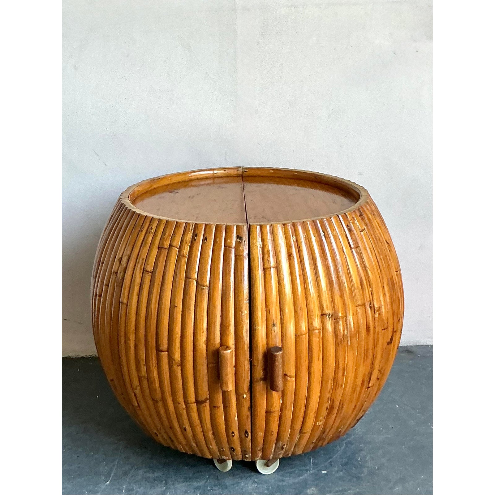 Vintage Boho Bent Rattan Rolling Dry Bar - Back view