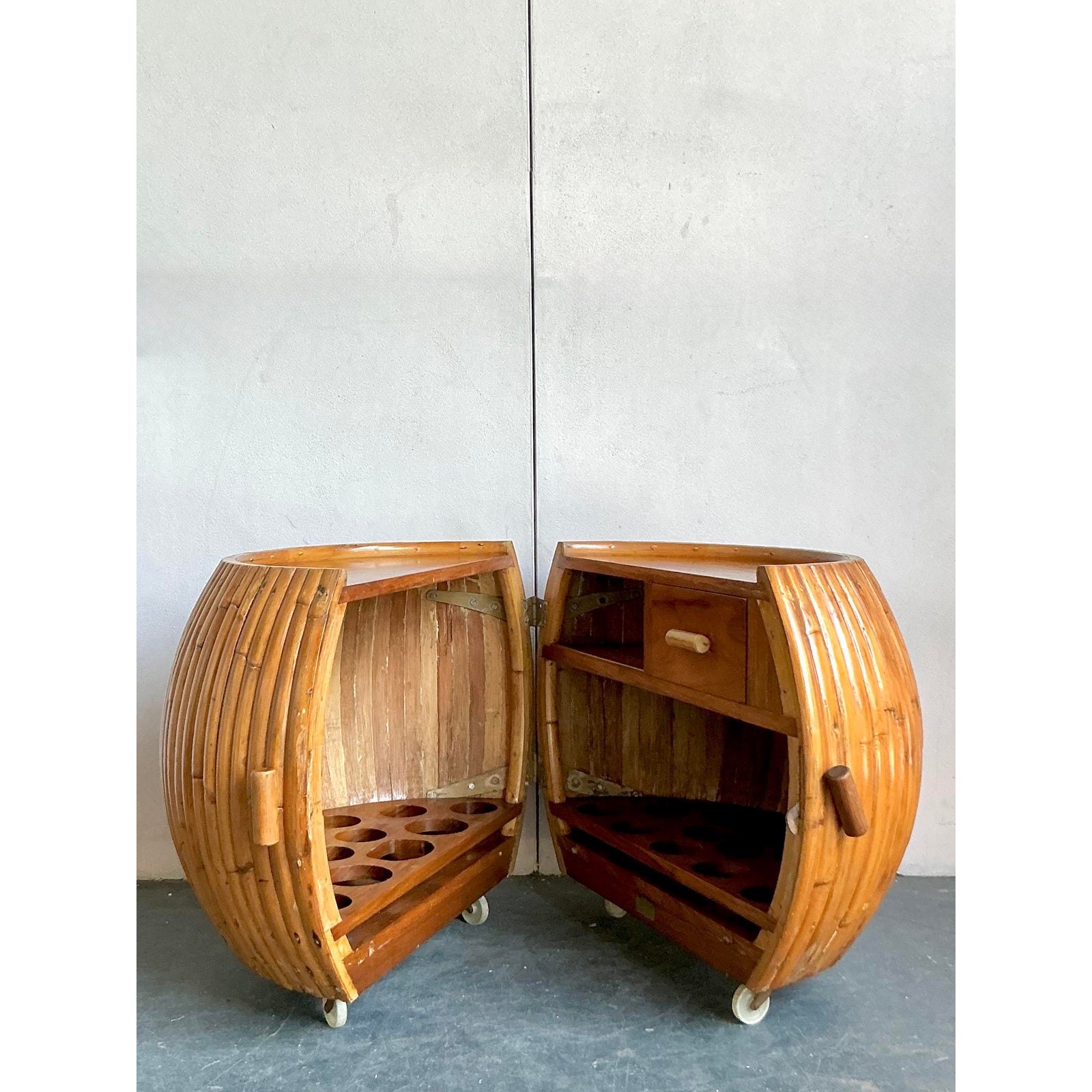 Vintage Boho Bent Rattan Rolling Dry Bar - Top view