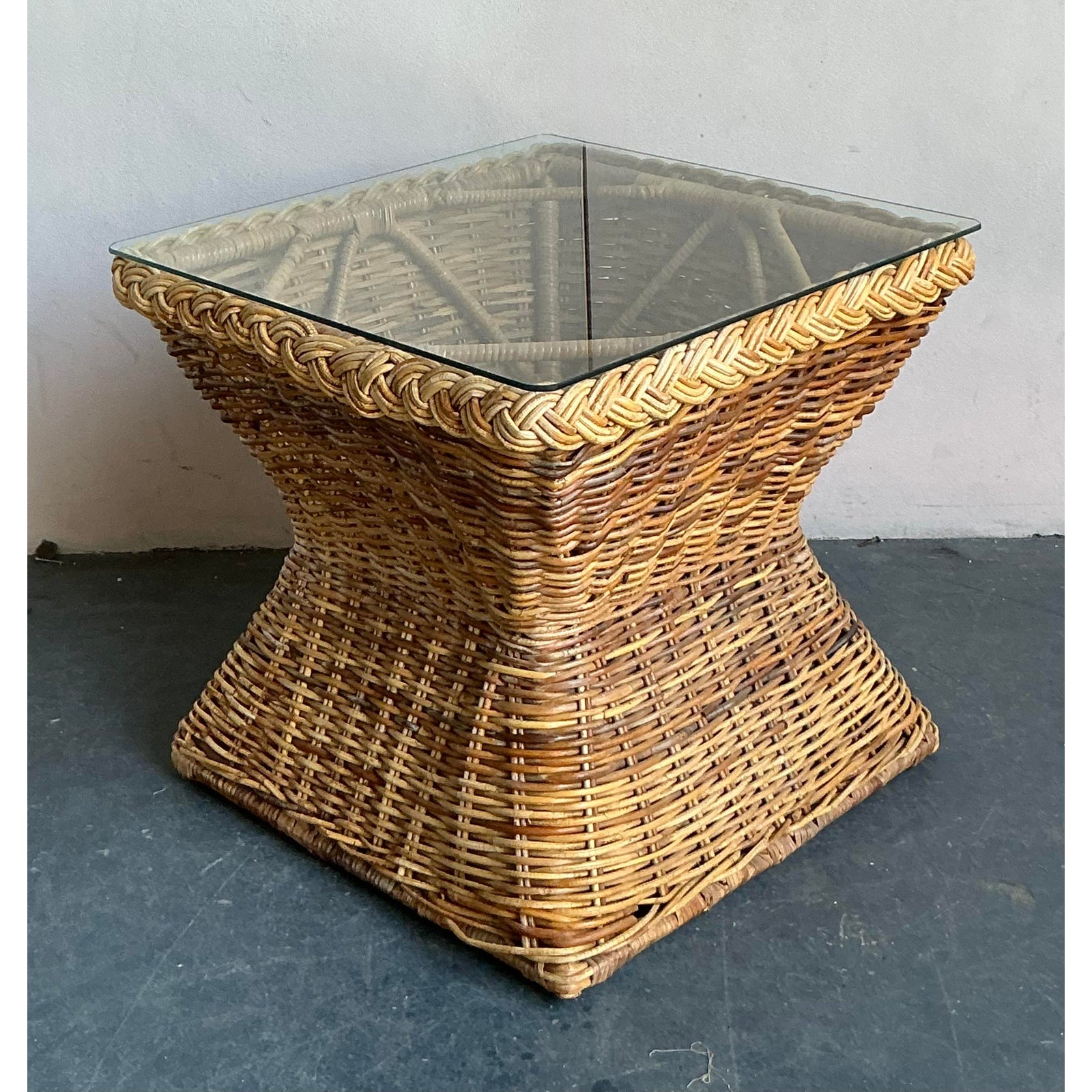 Vintage Coastal Braided Rattan Side Table - Side view