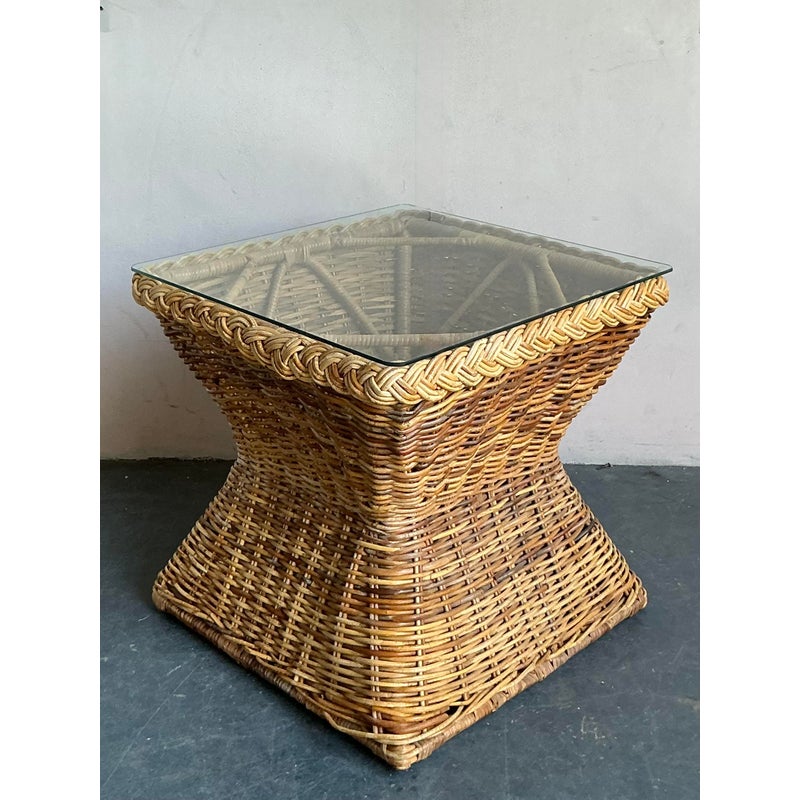 Vintage Coastal Braided Rattan Side Table - Top view