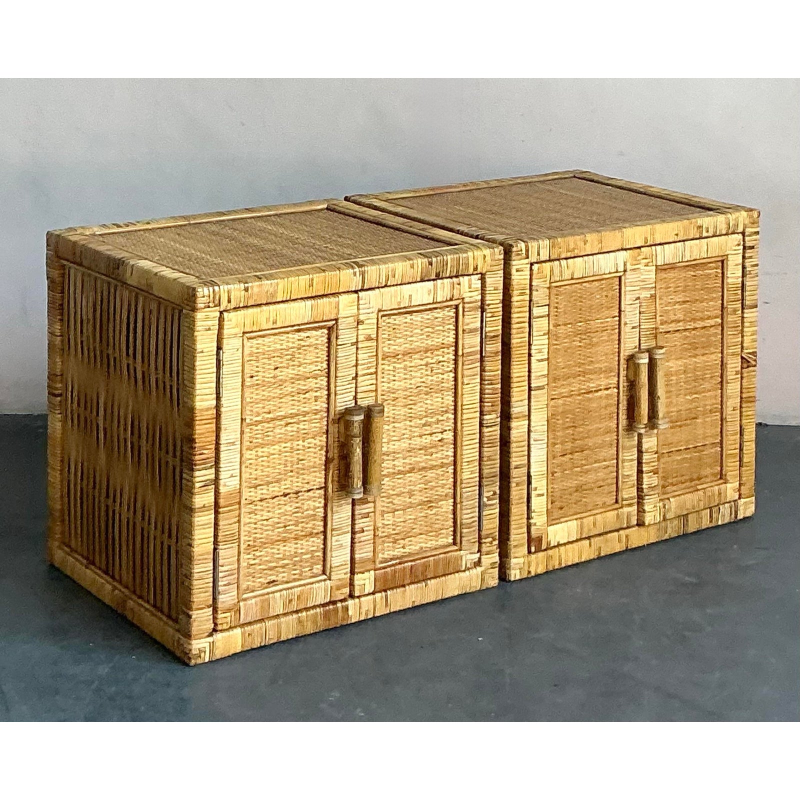 Vintage Boho Wrapped Rattan Nightstands - A Pair - Side view