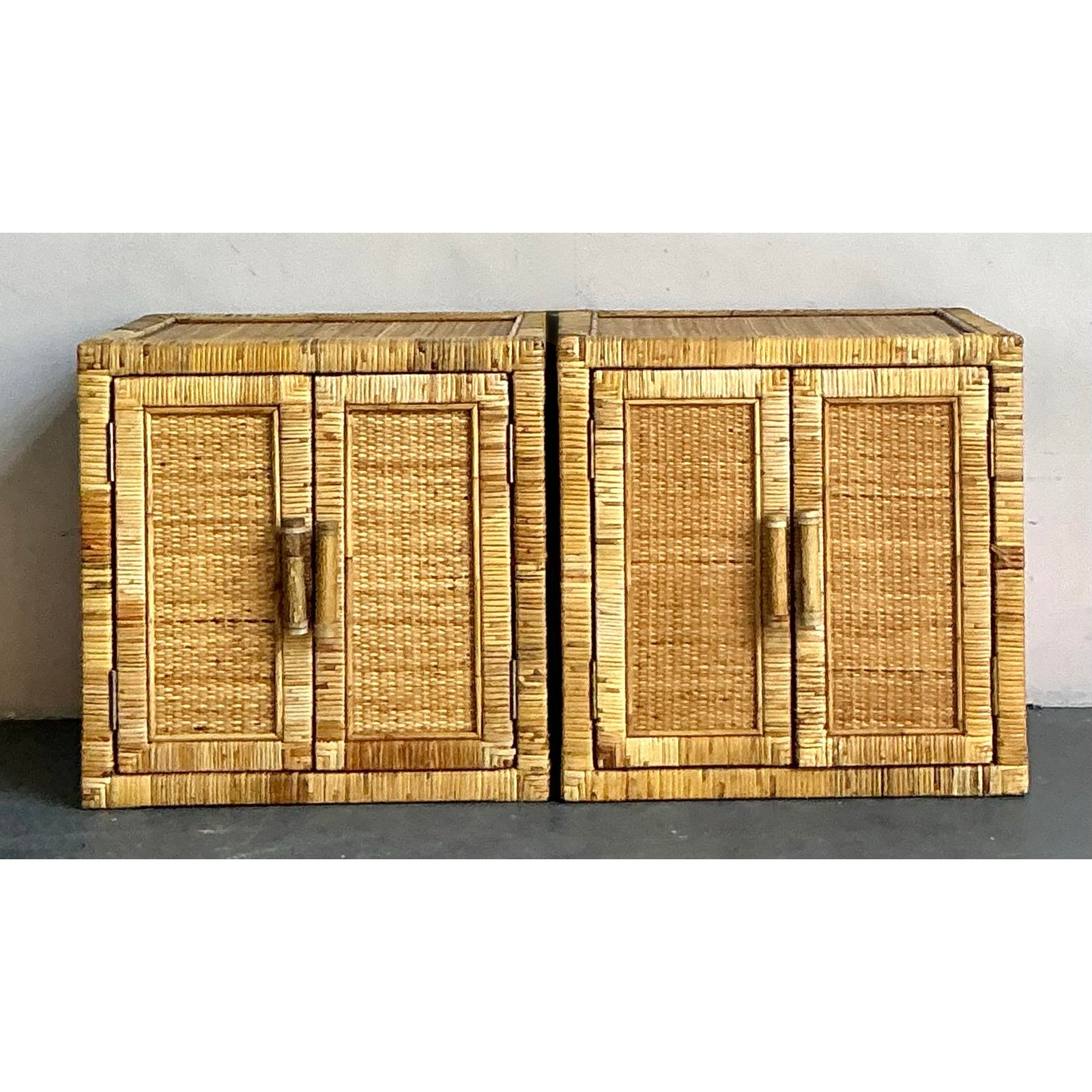 Vintage Boho Wrapped Rattan Nightstands - A Pair - Detail view
