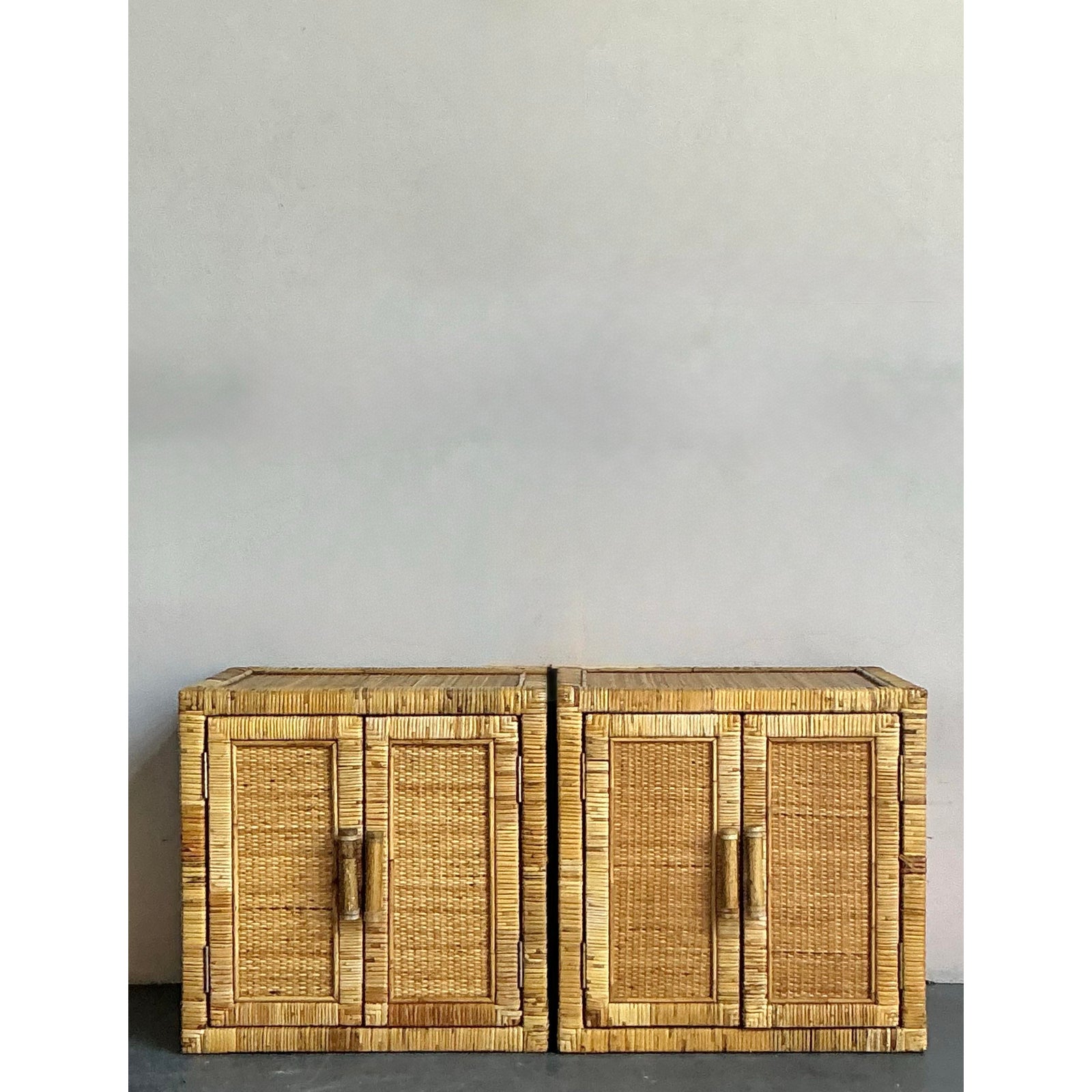 Vintage Boho Wrapped Rattan Nightstands - A Pair - Back view