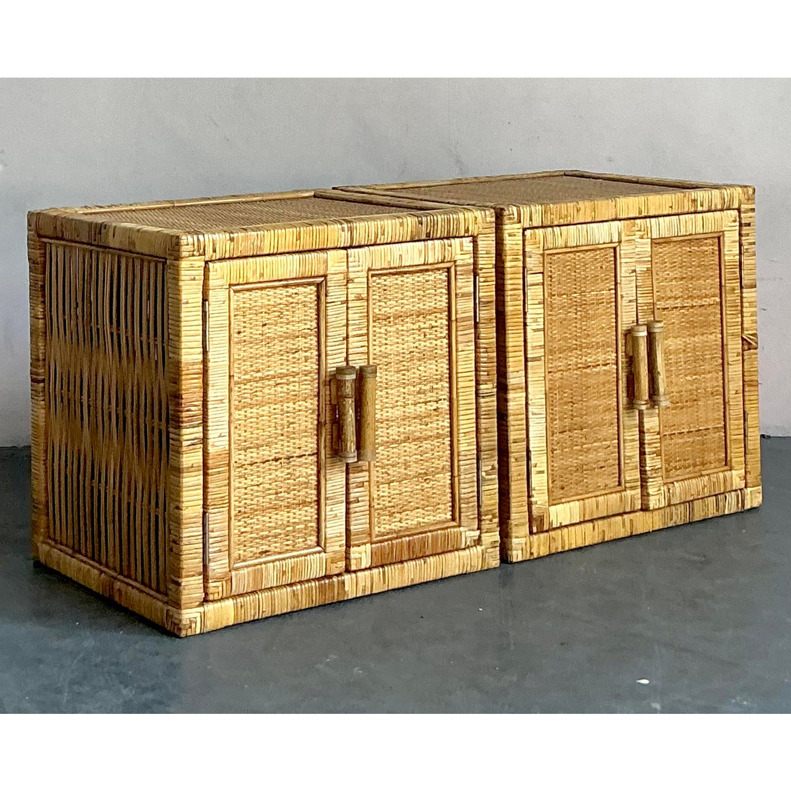 Vintage Boho Wrapped Rattan Nightstands - A Pair - Top view