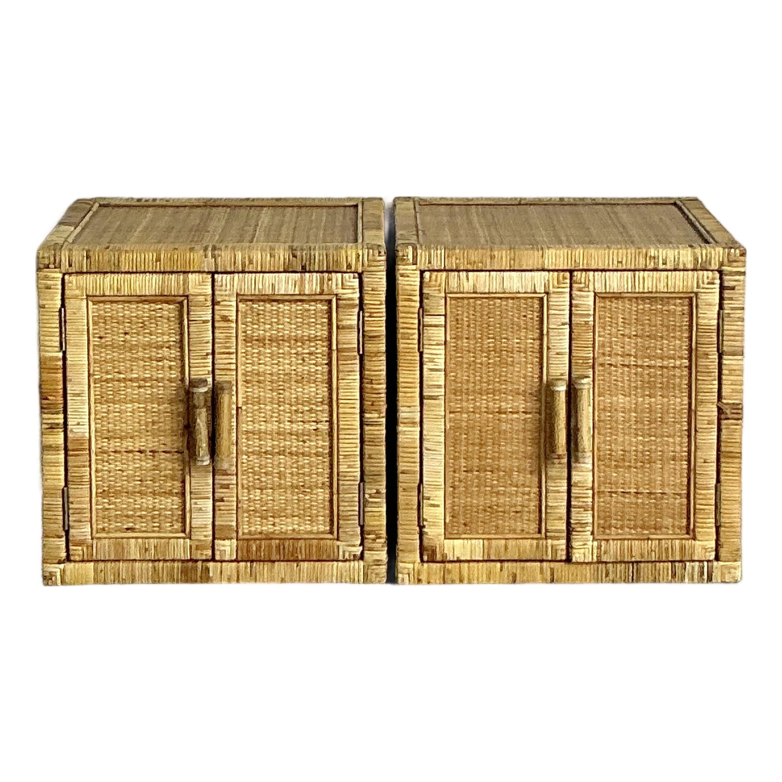 Vintage Boho Wrapped Rattan Nightstands - A Pair