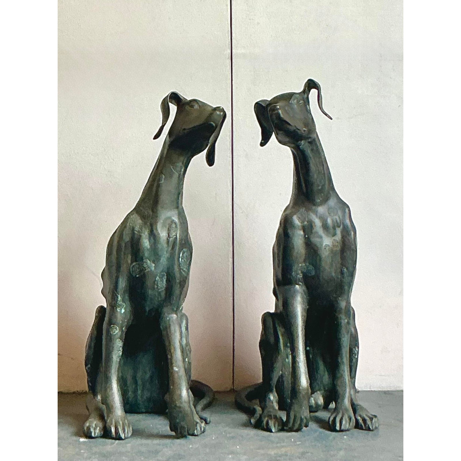 Vintage Boho Monumental Cast Bronze Dogs - A Pair - Side view
