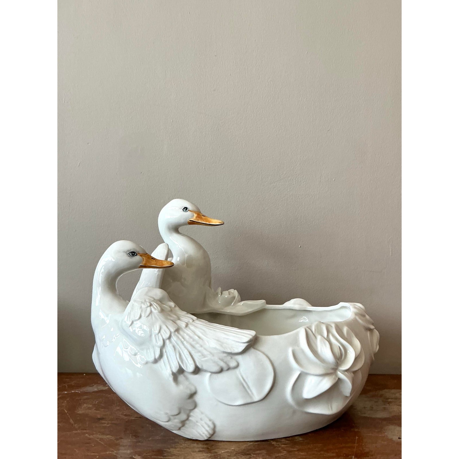 Vintage Regency Glazed Ceramic Ducks Centerpiece Bowl - Side view