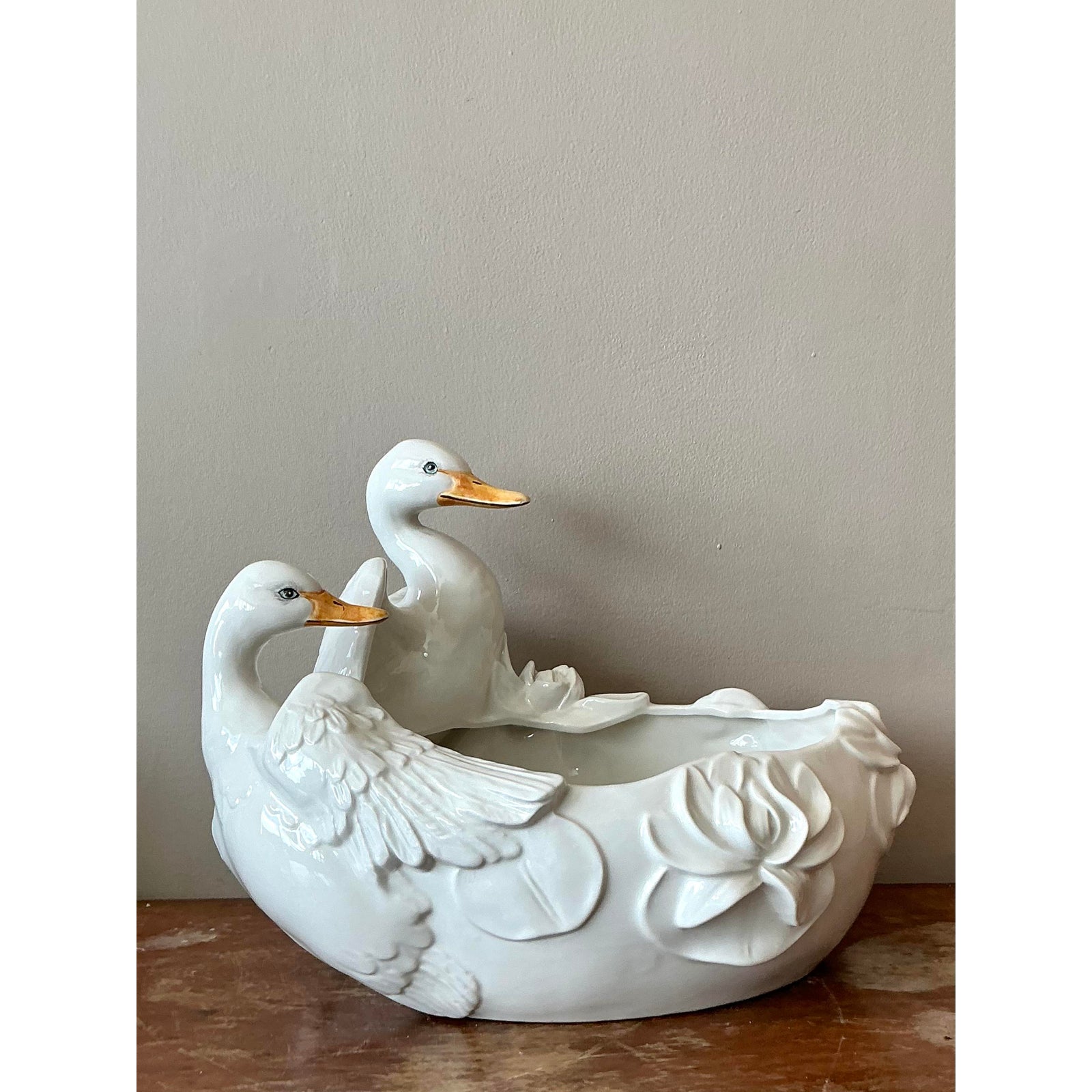 Vintage Regency Glazed Ceramic Ducks Centerpiece Bowl - Back view